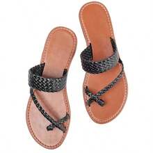 Bohemian Dress Sandals Womens Casual Flats Sandals Comfortable Ankle Strap Summer Boho Thong Sandals - 編織黑 - 查看 4