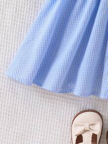 女童格子领无袖休闲连衣裙，户外/度假风，校园时尚款 - 藏蓝色 - 查看 5