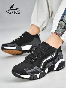 Salkin New Men's Sports Shoes Basketball Training Shoes, Affordable Brand-Like Lace-Up, Suede-Like Soft & Comfortable Breathable Uppers, Shock-Absorbing Bounce-Back Non-Slip Rubber Outsole, Casual Sneakers For Running, Walking, Outdoor Wear, Suitable For All Seasons And Holidays. Note: Runs Large, Suggest Ordering One Size Down, Great For Casual Jeans Sports Style. - Black and White - View 3