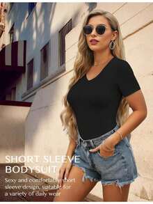 Women's Bodysuit, V-Neck Short Sleeve Slim Fit Tummy Control Basic Top - màu đen - Xem 4