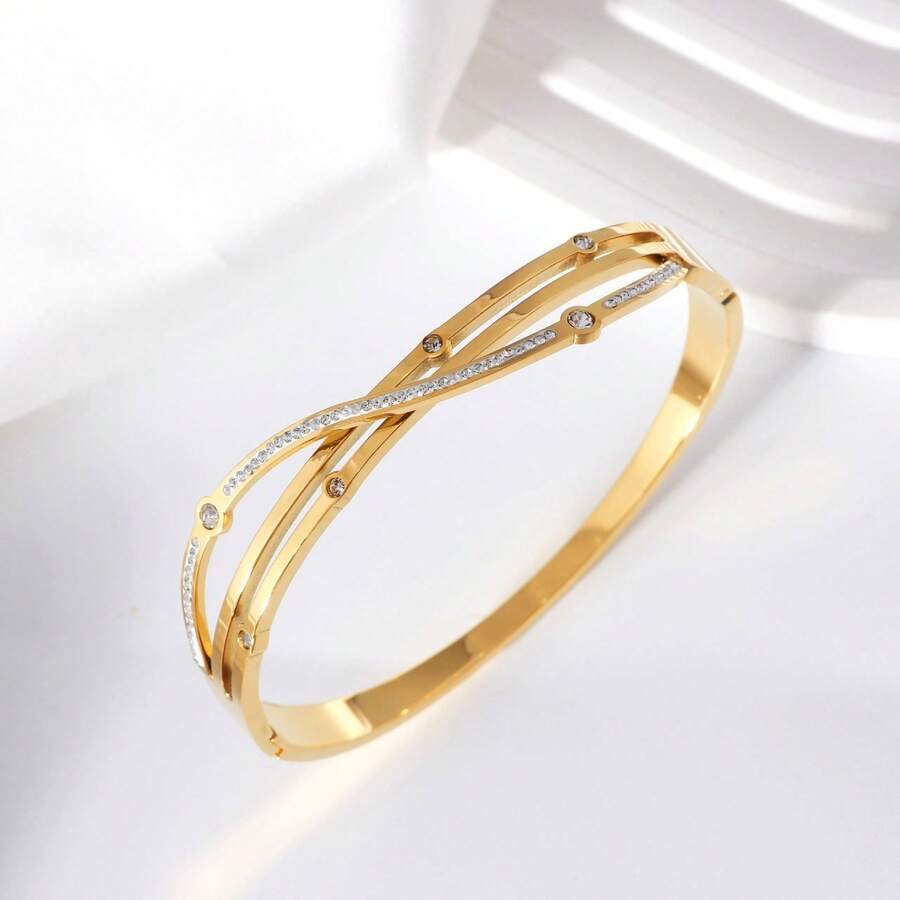 1件装不锈钢女士手链，镶嵌锆石和水钻，18K镀金，优雅个性化手镯 - 手鐲 - 查看 1