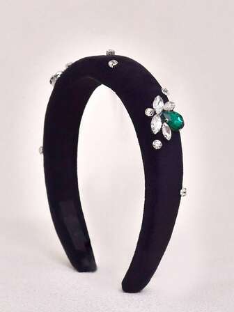 1pc Women's Headband, Handmade Sparkling Hair Accessory, High Crown Headband, Velvet Sponge Headband, Green Diamond Embellishment, Simple Retro Hair Accessory, Hair Tie, Suitable For Spa, Skincare, Makeup And Hairstyling, Headband, Hair Accessory.