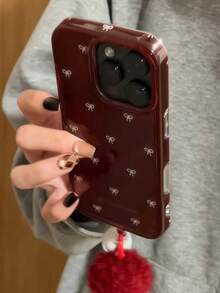 Bow-Knot New Year's INS Burgundy Minimalist Bow Compatible With IPhone 17 Pro Max, 16 Pro, 15, 14 Pro Phone Case With Furball Pendant, Double-Layer Anti-Drop Phone Cover - Red - View 5