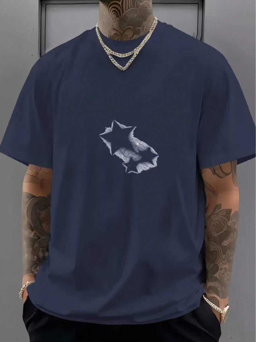 Essential White Cotton T-Shirt With Black Star Pattern - Navy Blue - View 1
