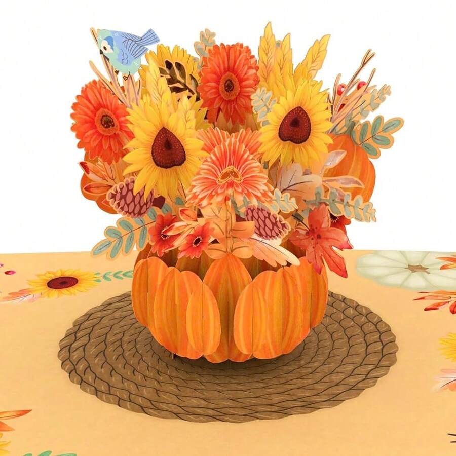 Paper Love Autumn Flower Card | 3D -Up Pumpkin Bouquet Greeting Card For Fall, Than1ks 1giving, Or Harvest Season | 5\ X 7\ W/Envelope & Note Tag - Hoa mùa thu - Xem 1