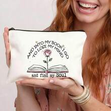 1pc Zipper Closure Fabric Makeup Bag, Casual Bookworm Cosmetic Pouch, Floral Pattern Travel Toiletry Organizer, Ideal For Women, Sisters, Friends - Outdoor, Camping, Party - Multicolor - View 14