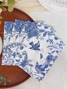20pcs/Set Blue Floral Pattern Napkins, Suitable For Collage Decoration, Wedding Birthday Party Decoration, Restaurant And Cafe - Multicolor - View 10