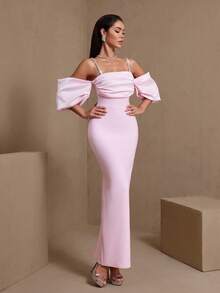 Women's Pink Fitted Maxi Dress, Cold-Shoulder Sleeves, Draped Design, Embellished With Rhinestone Straps, Knit Medium Stretch Fabric, Suitable For Party Wear Wedding Spring - Pink - View 5
