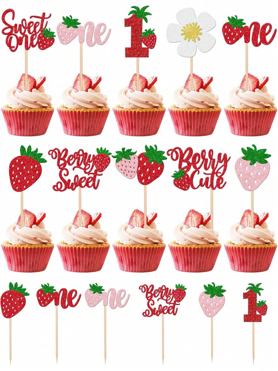 12支/24支装心形纸杯蛋糕装饰棒，带闪亮亮片，满月派对草莓纸杯蛋糕装饰插牌，浆果心形纸杯蛋糕装饰，适合生日派对用品、主题派对、节日派对装饰 - 彩色 - 查看 1