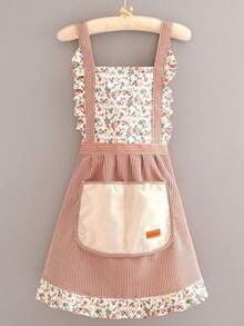 1pc Floral Print Sleeveless Apron, Made Of Stretchy Polyester, With Pocket, Waterproof And Easy To Clean, Suitable For Kitchen/Bathroom/Home/Baking, Great Gift For New Year/Mother's Day/Valentine's Day