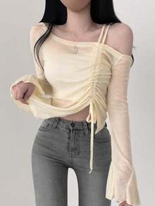 Women's Casual Vacation Style Asymmetrical Collar Flare Sleeve Drawstring Ruched Cropped T-Shirt, Spring/Summer - Apricot - View 2