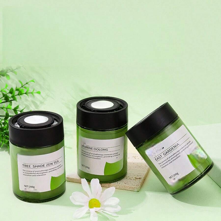 3个装200克香薰玻璃罐，车载家居空气清新剂，多种香味可选（树荫禅茶/茉莉乌龙/东方栀子花），黑色盖子，绿色圆形玻璃容器，香氛扩散器，除臭剂，放松身心，适用于客厅、卧室、汽车内饰，四季皆宜。 - 彩色 - 查看 1