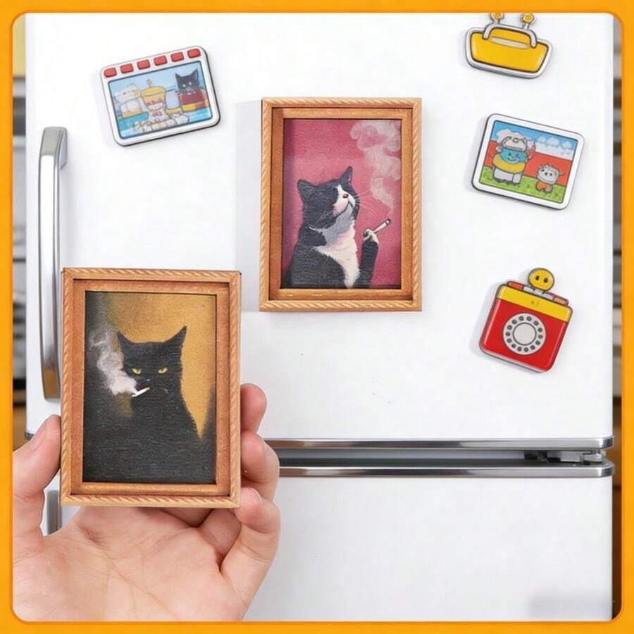 1pcs Cute Cat Refrigerator Magnets  Accents Durable Bamboo Material Perfect For Home Office Decor Holiday Gifts And Kitchen Accessories Cat Accessories Refrigerator Decorating Magnet - Black - View 1