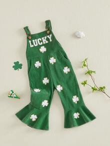 Toddler Girl Outfit St Patricks Day Overalls Clover Romper Long Flared Jumpsuit Irish Shamrock Clothes - 綠色 - 查看 3