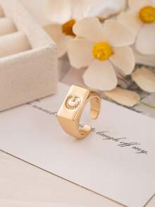 1pc Luxury Initial Open Ring, A-Z Letter Block Design With Cubic Zirconia, Adjustable Fashion Ring For Girl & Teens, Gift For Friends - Gold - View 13