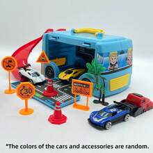 1 Set Handheld Bus Storage Playset, Includes Track & 3 Alloy Cars, Educational Preschool Toy For 3-6 Years Old Children - 2 Color Options [Car Model Colors Randomly Assorted] - Storage Bus + 3 Vehicles - View 8
