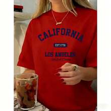 Women's Vintage California Los Angeles Graphic T-Shirt - Casual Round Neck, Short Sleeve, Cotton, Machine Washable, EST 1776 Print2025 - 紅色 - 查看 3