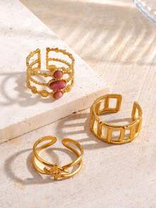 3件套不锈钢18K镀金几何天然石戒指套装，适合女士日常及派对佩戴