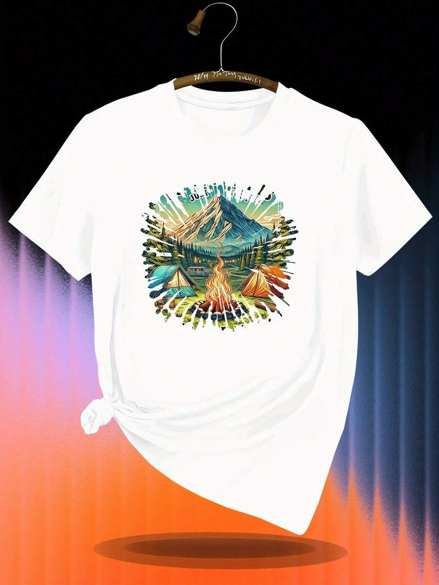 Camiseta de Cuello Redondo para Hombre Impresa de Aventura al Aire Libre, Combinación Perfecta de Paisaje Natural y Fogata, Adecuada para Entusiastas de Senderismo y Camping. - Blanco - Ver 1