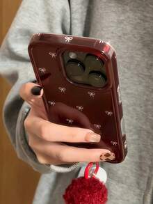 Bow-Knot New Year's INS Burgundy Minimalist Bow Compatible With IPhone 17 Pro Max, 16 Pro, 15, 14 Pro Phone Case With Furball Pendant, Double-Layer Anti-Drop Phone Cover - Red - View 4