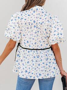 Acelitt 夏季白色撞色滚边花卉泡泡袖休闲宽松衬衫 - 彩色 - 查看 2