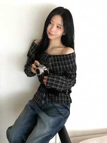 Spring/Autumn Off-Shoulder Button-Down Fitted Plaid Long Sleeve Shirt For Women Black - Black - View 4