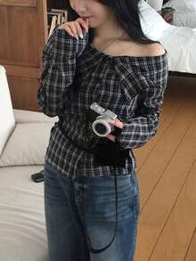 Spring/Autumn Off-Shoulder Button-Down Fitted Plaid Long Sleeve Shirt For Women Black - Black - View 8