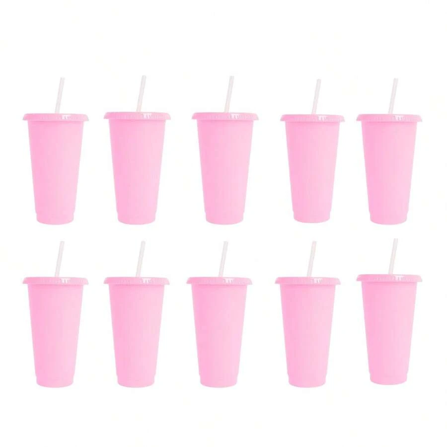 PromoClick Paquete de 10 Vasos de plástico transparente con tapa traslúcida. (Incluyen popote) Cap. 700 ml - Rosa Pálido - Ver 1