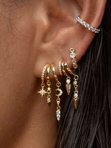 1 Pair Women's Gold Triple Hoop Earrings With Cubic Zirconia Star & Moon Spike Pendant, Multi-Layer Earrings, Low Allergy Bohemian Style Jewelry Gift - Multicolor - View 3