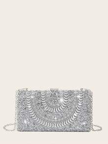 Conjunto de joyas con strass: collar, aretes y pulseras para bolso de embrague para fiesta, elegante bolso de embrague de plata con brillo de strass, romántico bolso de hombro con cadena para boda, primavera/verano, bolso de novia, embrague formal para baile de graduación, elegante bolso de vestido de noche, perfecto para fiesta, boda, cena/banquete formal - Plateado - Ver 7