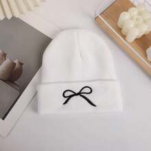 女士时尚冬季针织帽围巾套装（半件套），休闲拉法帽和围脖，男女通用蝴蝶结刺绣 - 彩色 - 查看 3