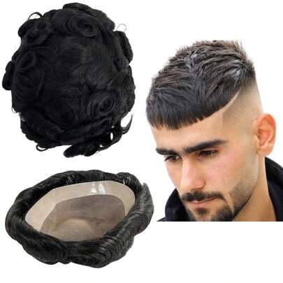 Tupé para hombres de cabello humano, unidades de tupé de cabello humano virgen europeo, pelucas rizadas para hombres, sistema de reemplazo de cabello humano real para hombre, unidades de prótesis MONO, parche #1B negro apagado