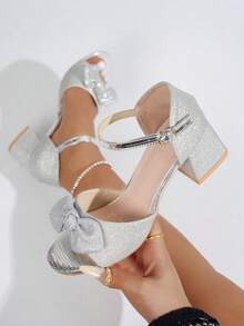 2026 Summer New Fashionable Sexy Goddess Lace-Up Thick Sole Roman Sandals, Women's High Heel Bowknot Sandals - Silver - View 10