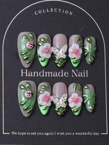 10片/套 手工杏仁形美甲贴纸，Y2K绿色法式风格，3D手工瓢虫设计，手绘绿叶图案，搭配珠子，用于美甲装饰。包含1片果冻胶和1把指甲锉。适合日常佩戴和Coachella音乐节等场合，是美甲贴纸和美甲护理产品的理想之选。美甲用品 手工按压式美甲 - 綠色 - 查看 2
