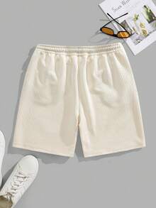 男士纯色抽绳腰休闲口袋提花短裤，宽松抽绳短裤，适合夏季户外街头穿着，男士沙滩短裤，适合作为送给丈夫或男友的礼物 - 杏色 - 查看 3