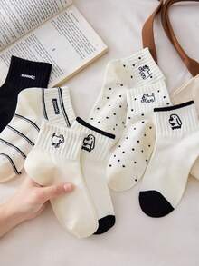 5双装女士可爱透气狗狗图案隐形短袜/中筒袜，舒适柔软，白色/黑色，适合日常休闲穿着，秋冬季 - 彩色 - 查看 3