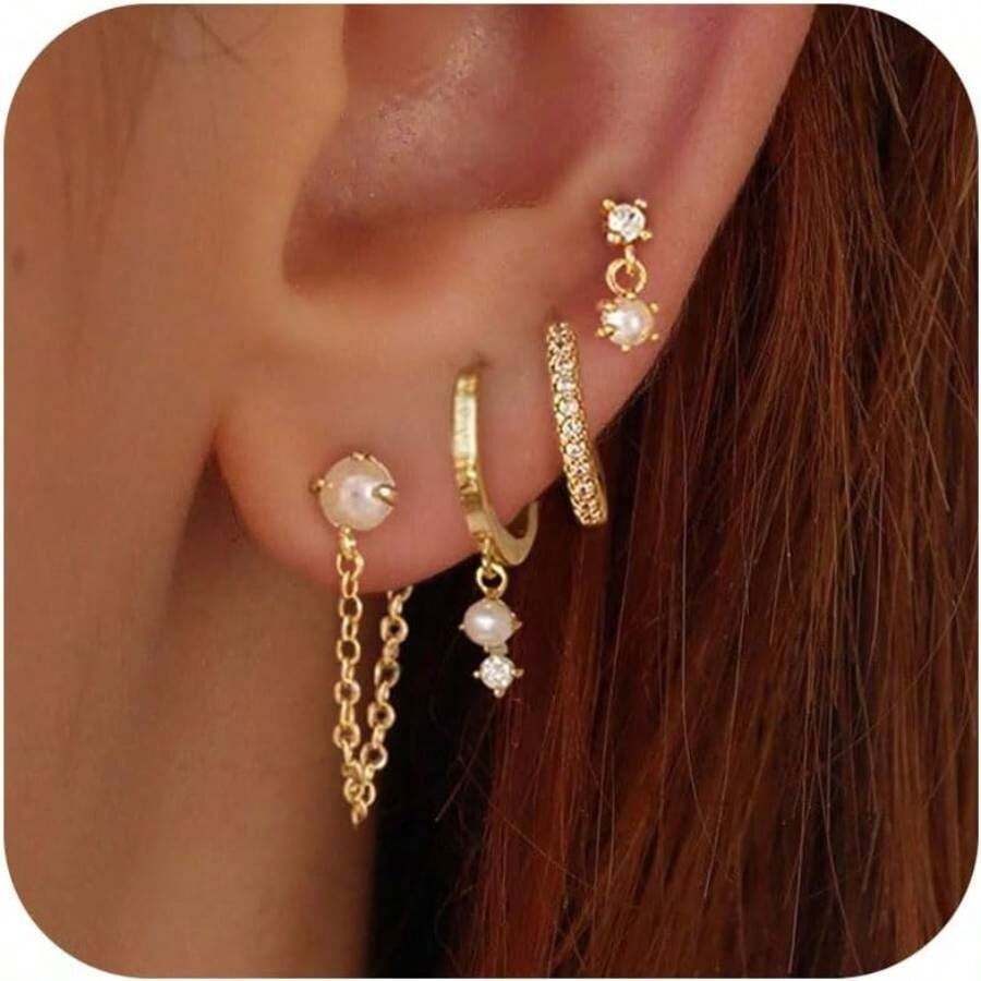 Gold Earrings For Women, 14k Gold Plated Dangle Huggie Earrings For Women  Dainty Gold Hoop Earring Stacks Hypoallergenic Pearl Chain Drop Cartilage Earring Fashion Womens Jewelry - 第六組 - 查看 1