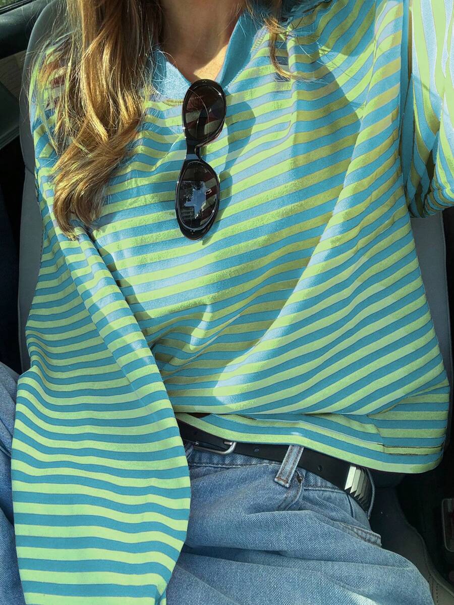 Women's Casual Top, Striped Color Block Ribbed Knit, Everyday Wear, Spring/Autumn