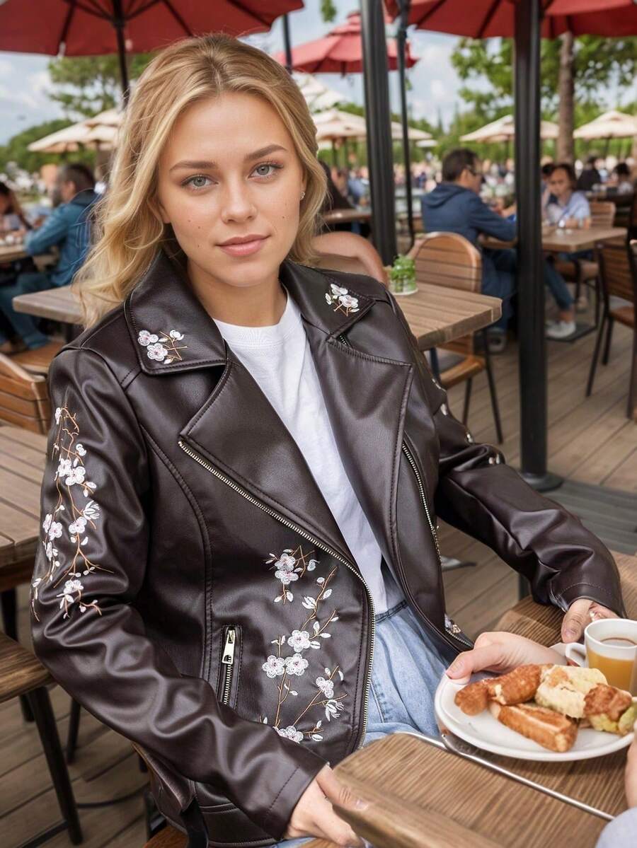 Chaqueta de motociclista de cuero de PU vintage para mujer (bordada) - Opción perfecta para uso casual en primavera y otoño, elegante y de moda - Café integral - Ver 1