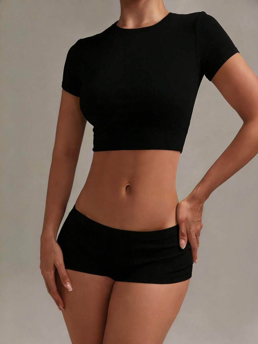 XLLAIS 2025 Women's Fitted Short Sleeve Crew Neck Sports T-Shirt, Cooling & Warm Layering, Cute Summer Top Casual Black - Black - View 1