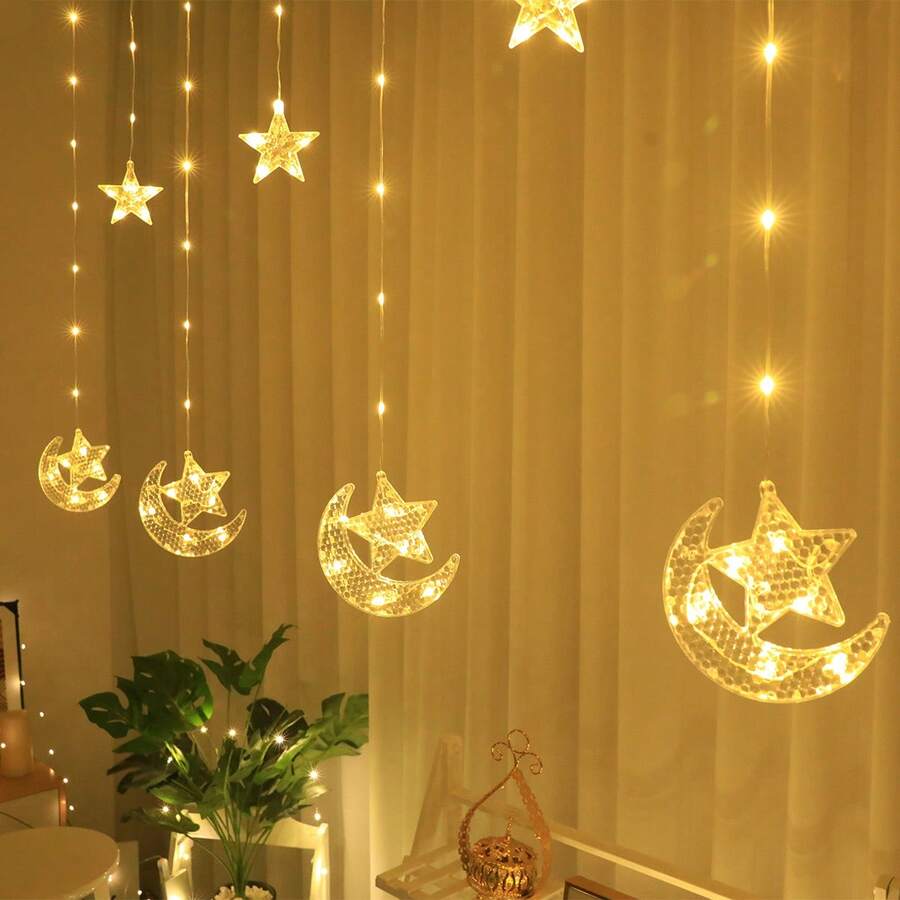 1 Peça Luzes de Cortina de Corda LED de Estrela e Lua com 200cm, Luzes Decorativas para Casa Alimentadas por Bateria, Adequadas para Decoração de Parede de Quarto, Decoração de Casamento, Luzes de Estrela para Celebração do Ramadã, Luzes Decorativas para Festa, Decoração de Janela de Quarto Lua para Eid (Versão Caixa de Bateria, Baterias Não Incluídas) - Estrela Abraçando a Lua 7 - Visão 1