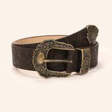 1PCS Fashion Retro Print Pattern Texture Niche Pin Buckle Wide Belt For Women Simple Artistic Versatile Belt - 黑色 - 查看 8
