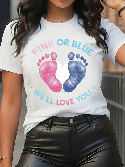 Gender Reveal Pink Or Blue We'll Love You Graphic Tee Women's Round Neck Short Sleeve Casual T - Shirt For Baby Shower Party