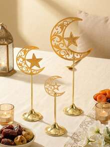 1pc/Set Metal Gold/Black Large Crescent Moon Candle Holder/Ramadan Lantern/Candle Holder/Windproof Glass Candle Holder - Multicolor - View 15