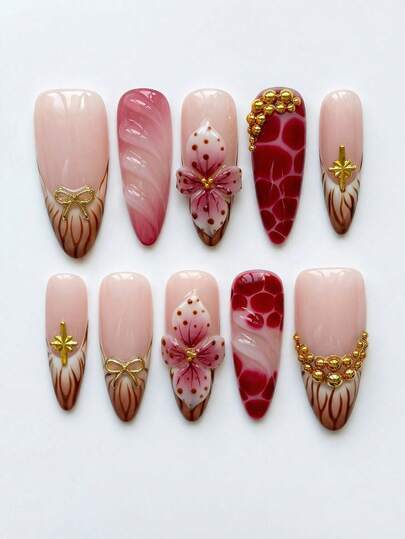 10 PCS Vintage Handmade Long Almond Press On Nails, Y2K Brown Airbrush & 3D Flower With Gold Bow Ribbon, Removable Reusable Nail Set (Jelly Glue & Nail File Incl.)