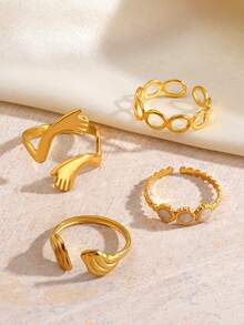 4件套不锈钢18K镀金几何椭圆翅膀拥抱戒指套装，适合女性日常及派对佩戴