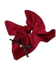 1pc Women's Burgundy Ribbed Knit Hair Scrunchie With Black Ribbon Bow And Gold Badge Decor, Fashion Daily Hair Accessory For Ponytail And Bun, Autumn/Winter Head Accessories ,Hair Elastics ,Hair Rubber Bands ,Hair Rope ,Elastic Hair Tie - Multicolor - View 9
