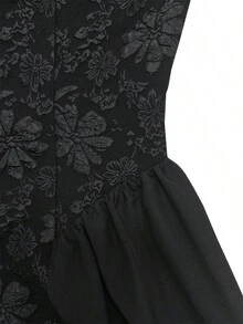 Women's Elegant Minimalist Black Jacquard Patchwork Fabric Round Neck Short Sleeve Midi Dress, Spring/Summer - Black - View 7