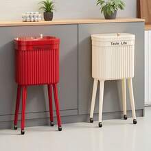 Luxury No-Bend Step Trash Can With Lid - Large-Capacity Rolling Waste Bin & Stackable Storage Bins For Home, Multi-Scene Mobile Garbage Can & Plastic Storage Containers For Kitchen Bedroom Garage, Stylish Hands-Free Waste & Storage Solution - Champagne - View 4