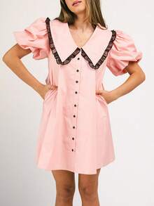 Women's Polka Dot Dress Ruffled Collar Short Puff Sleeve Button Front A-Line Mini Dress For Retro Casual Outfits - Pink - View 4